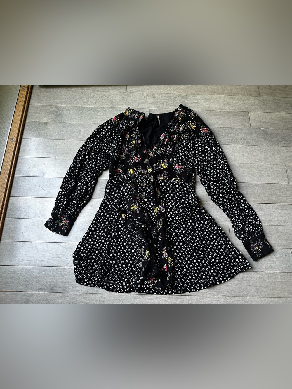 Women’s Free People Black Floral Wonderland Mini Dress Balloon Sleeves Boho Sm